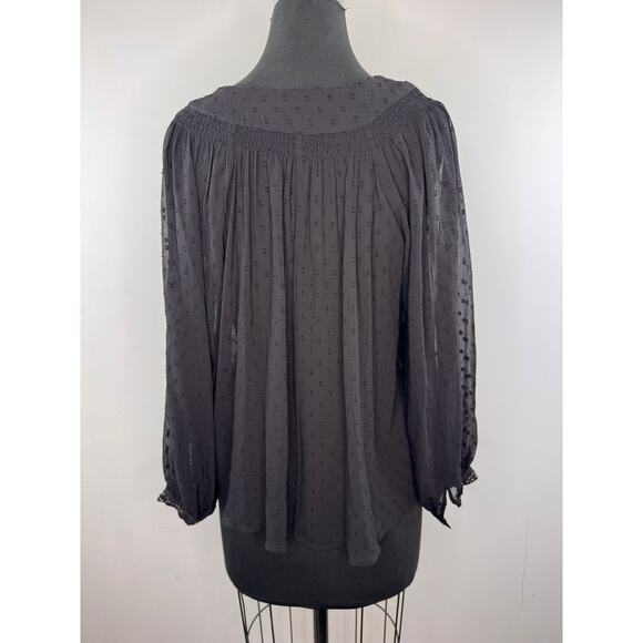 ZARA Black Blouse Floral Sheer Polka Dot Beaded Embroidered V-Neck Size Medium M - Picture 4 of 5